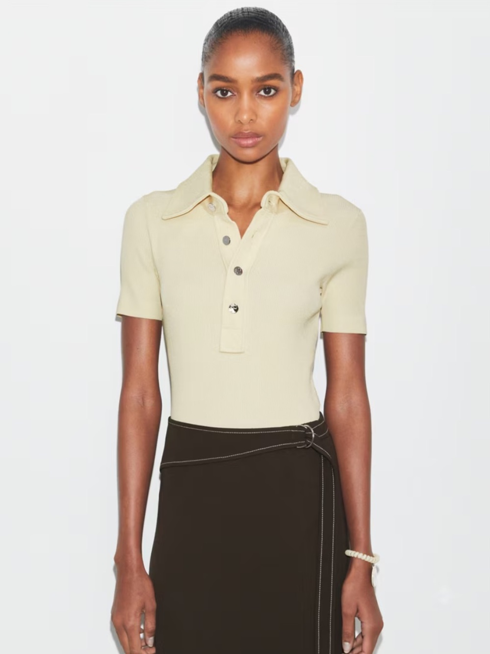 Tory Burch XS and S VISCOSE RIBBED POLO SWEATER Stone NWT short sleeve neutral